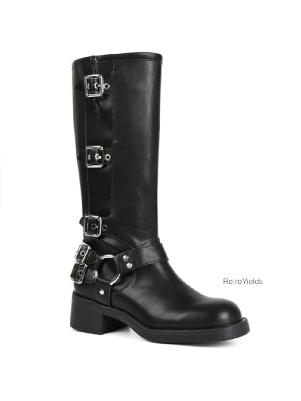 Knee High Boots Women Moto Biker Buckle Tall Chunky Block Heel Combat